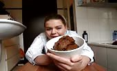 Busty babe covered herself with shit