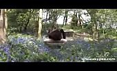 Teen peeing in blue flowers