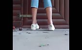 Tanned girl shitting on neighbours front porch