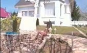 Beautiful blonde peeing outdoor