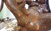 Dark haired teen masturbating with poop