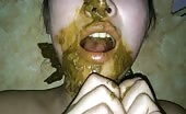Busty brunette covered in fresh shit