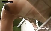 Young brunette shitting in brown pantyhose