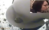 Hot brunette shits in a public bathroom