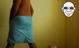 Boy farting and shitting in tight blue skirt