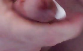 Green shit on his cock while slowly jerking off