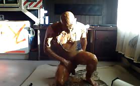 Bald guy smearing shit as he's masturbating