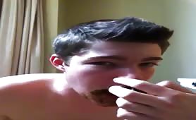 Sexy gay guy eating and smearing crap on his mouth