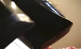 Bald slave licking fresh shit from mistress feet