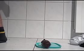 Dirty boy sucking a long turd while jerking off