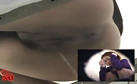 Asian girl peeing in a public bathroom