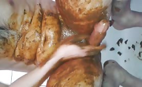 Bouncing his cock with fresh crap