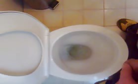 Close up pooping in the toilet