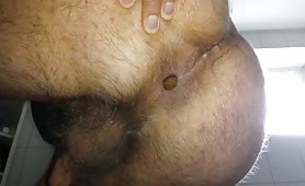 Hairy gay guy shitting yellow scat