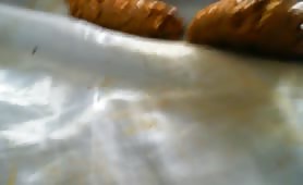 Brunette guy smears shit on his body while jerking off