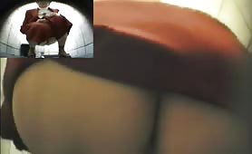 Blonde granny shitting in toilet, hands smear turd on ass