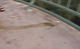 Woman shitting outdoors in shirt and thong