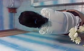 Girl shitting in her lace top and thong on bathroom floor