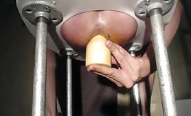 Man shitting out a yellow dildo on a metal rig