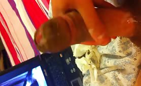 Man jerking off with shit on his dick and cumming