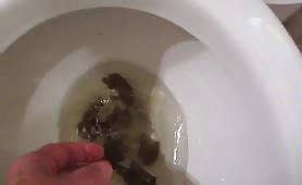 Old man shits and pisses in toilet, drinks the mix