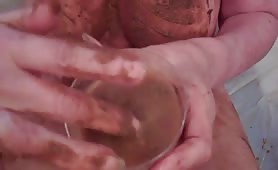 sexy grandma drinks piss and poop from the toilet
