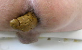 Hairy man shitting long brown turd on toilet