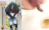 Shaved babe shitting a lot in public bathroom