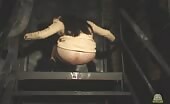 Two girls shitting on metal stairs and toilet