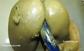 Woman shitting on kitchen floor in socks