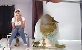 Blonde woman shitting on chair with turd on floor